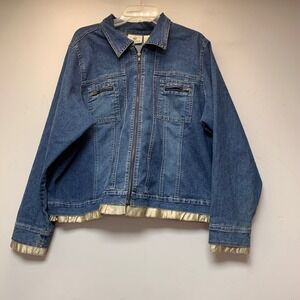 Sunshine Apparel Jean Jacket Women 18W Blue Gold Excellent Ruffle Trim Zip Up